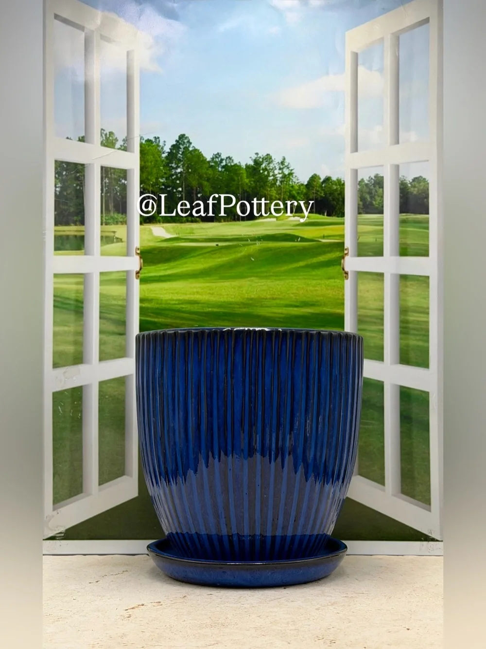 Cobalt Blue Ceramic Planter with Saucer, 7 Inch Rippled Pot with Drainage